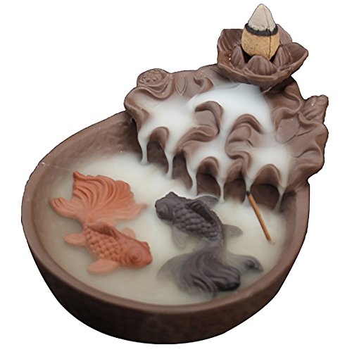 Fisch Teich Rückfluss Räuchergefäß mit Zapfen handgefertigt Rückfluss Weihrauchhalter aus Keramik "Fisch Lotus Teich" Schwarz 10,5 x 15 x 7 cm von Simcat