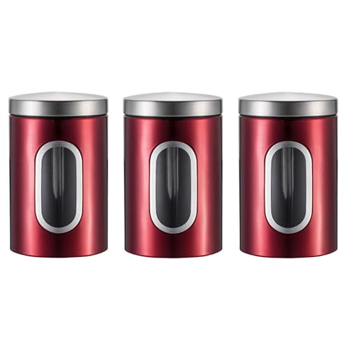 Simcat 3-teiliges Küchenbehälter-Set, Edelstahl, für Tee, Kaffee, Zucker, getrocknete Lebensmittel, Vorratsbehälter mit Sichtfenster (rot) von Simcat