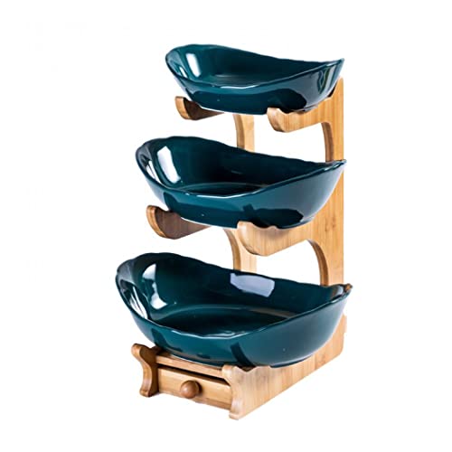 Simcat Obstteller-Set, Obstkorb für Küchentheke, Keramik-Obstschale, großes Fassungsvermögen, Obstschalen-Set mit Halter, Bambus-Obst-Serviertablett (dreilagig, dunkelgrün) von Simcat