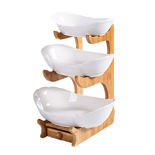 Simcat Obstteller-Set, Obstkorb für Küchentheke, Keramik-Obstschale, großes Fassungsvermögen, Obstschalen-Set mit Halter, Bambus-Obst-Serviertablett (dreilagig, weiß) von Simcat
