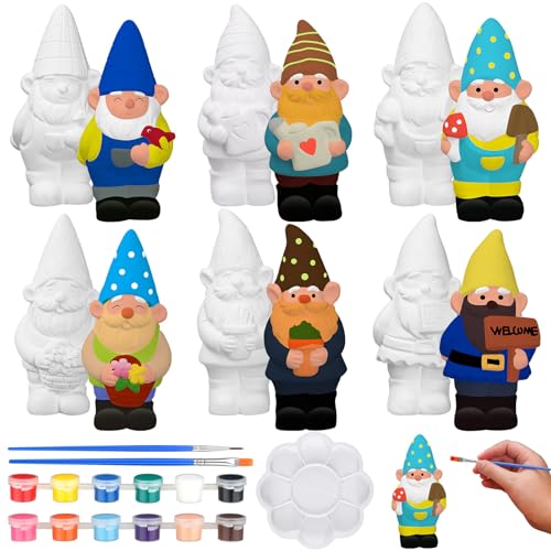 Simgoing 6 Sets, fertig zum Bemalen Ihrer eigenen Gartenzwerge, Statuen, Sommer, DIY, unlackierte Keramik-Zwerge, zum Bemalen von Figuren, Gips, Kunst und Handwerk, mit Pinselpalette für Erwachsene von Simgoing