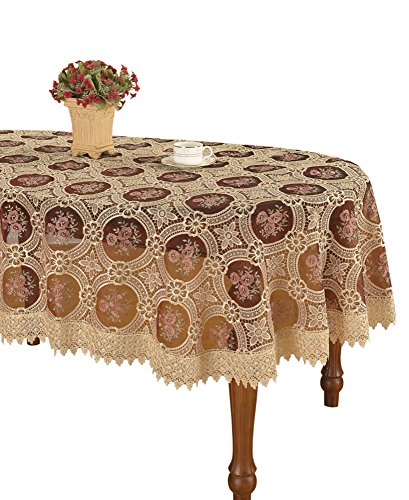 Ovale Tischdecke, Leinen, bestickt, florale Spitze, Kastanienbraun, durchscheinend, 152,4 x 304,8 cm von Simhomsen