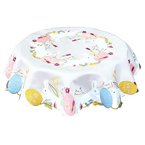 Simhomsen Kleine bestickte bunte Eier und Häschen Tischdeckendekoration für Ostern oder Frühling (rund, 84 cm) von Simhomsen