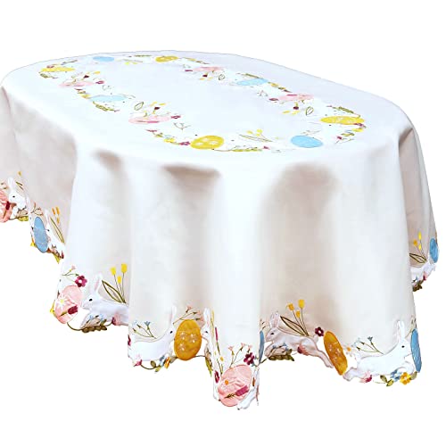 Simhomsen Ovale Tischdecke mit bunten Eiern und Hasen, Bestickt, für Ostern oder Frühling (oval, 140 x 213 cm), cremefarben von Simhomsen