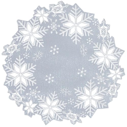 Simhomsen Set mit 4 bestickten Schneeflocken runde Deckchen, Platzsets rund 38,1 cm für Weihnachten Urlaub und Winter, Esstisch Tafelaufsätze (Silber) von Simhomsen