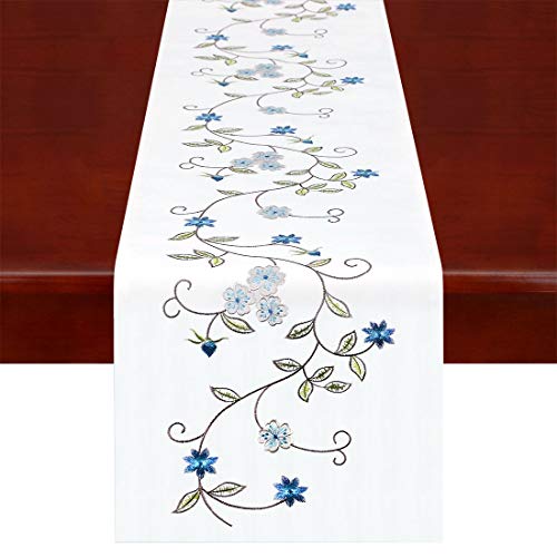 Simhomsen Tischläufer mit doppeltem Dicke, rustikale Stickerei, Blumenmuster, für Frühling und Sommer, Kommode, Schal, blau, 35,6 x 89,9 cm von Simhomsen