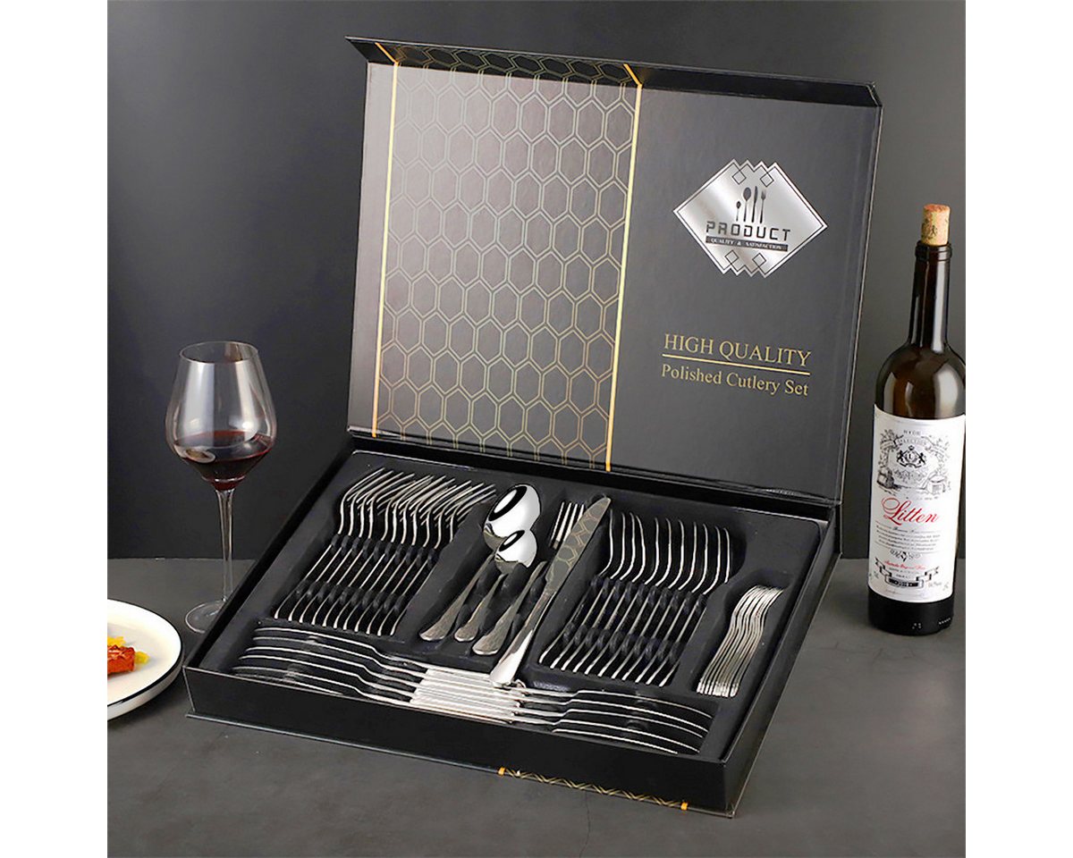 Simloveve Besteck-Set Besteckset für 12 Personen, 48 teilig Edelstahl Besteck set (48-tlg), 12 Personen, Edelstahl, Essbesteck mit Messer Gabel Löffel, in Geschenkbox, Spülmaschinenfest von Simloveve