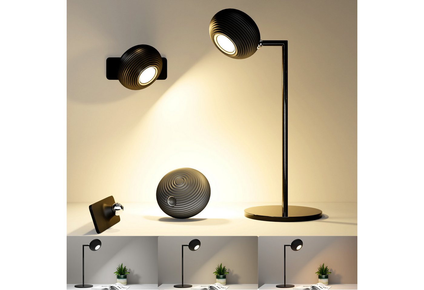 Simloveve LED Tischleuchte 2 IN 1 Tischlampe Kabellos, Wandleuchte, Touch-Dimmbare Tischleuchte, LED fest integriert, 2500K warmes Licht,4500K natürliches Weißlicht,6500K kaltes Weißlicht, 3 Helligkeitsstufen, 360° drehbare, 5%-100% stufenlos dimmbar von Simloveve