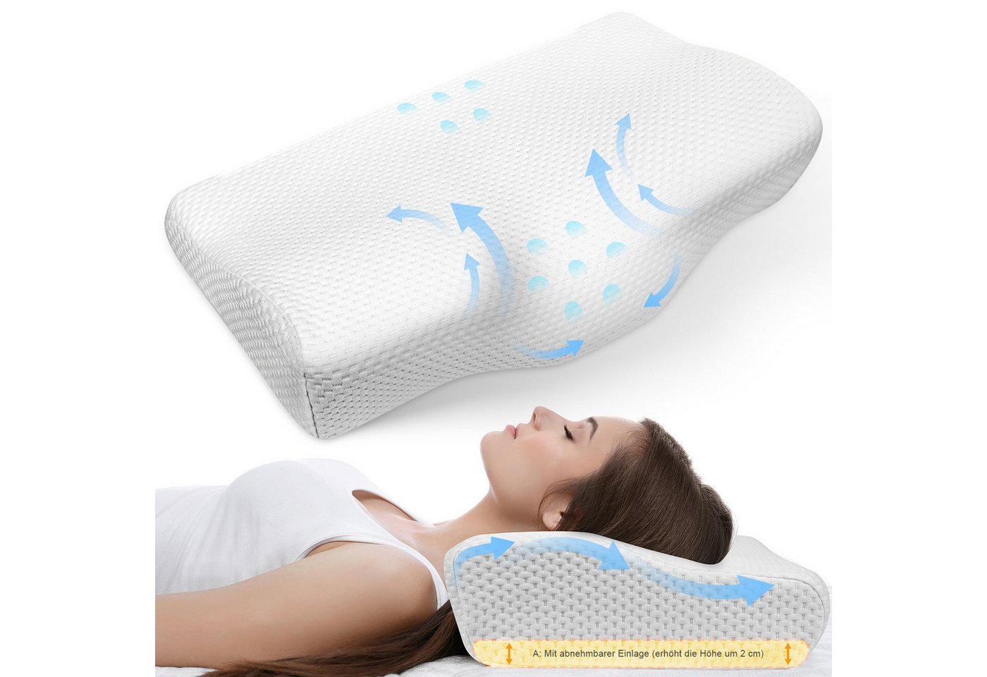 Simloveve Nackenstützkissen Seitenschläferkissen,Orthopädisches Kissen, Füllung: Memory Foam, Rückenschläfer, Seitenschläfer, Bauchschläfer, kopfkissen nackenschmerzen, Nackenstutzkissen-Set, Allergikerfreundlich, Höheneinstellbar, Waschbar, Antischnarchkissen für Erwachsene (53*31*8/11CM) von Simloveve