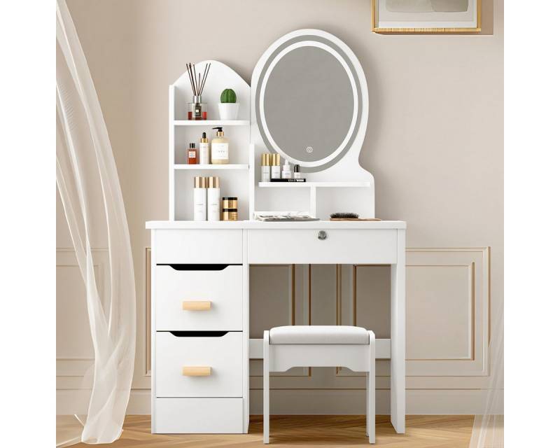 Simloveve Schminktisch mit LED-Beleuchtung Einstellbarer Helligkeit,mit Hocker,Kosmetiktisch (Schminktisch mit Hocker), Schminktisch mit 4 Schubladen 3 Ablagen,Weiß,für Makeup von Simloveve