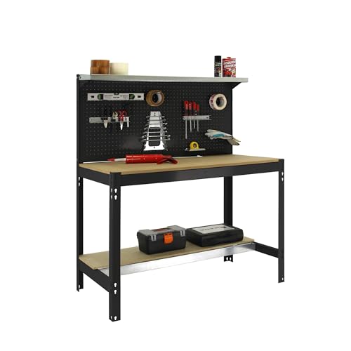 Simon Rack Arbeitstisch, Werkbank 1445x1210x610 mm, 600 kg Belastbarkeit, 3 obere Regalböden, Große Arbeitsfläche, Holz-Arbeitsplatte, Anthrazit/Holz – Simonwork von Simon Rack