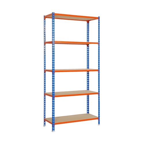 Simon Rack Maderclick Lagerregal, 2000 x 1200 x 300 mm, 5 Ebenen aus Holz, 200 kg Biegepunkt, Schwerlastregal, Garagenregal, Blau/Orange/verzinkt von Simon Rack