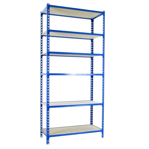 SimonRack Schwerlastregal, Lagerregal, 250x110x50 cm, Metallregal, Kellerregal, Biegestelle 200 kg, 6 Holzfachböden, Blau/Holz - Maderclick von Simon Rack