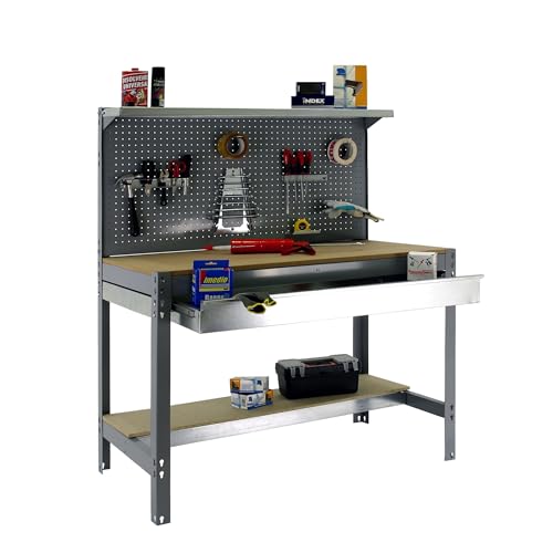 SimonRack Werkbank 400 kg Belastbarkeit, 144,5x91x61 cm, 1 Schublade, Große Arbeitsfläche Arbeitsfläche, Arbeitstisch, Holz-Arbeitsplatte, Grau/Holz - BT3 von Simon Rack