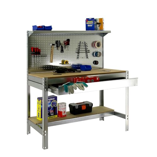 SimonRack Werkbank 400 kg Belastbarkeit, 144,5x91x61 cm, 1 Schublade, Große Arbeitsfläche Arbeitsfläche, Arbeitstisch, Holz-Arbeitsplatte, Verzinkt/Holz - BT3 von Simon Rack