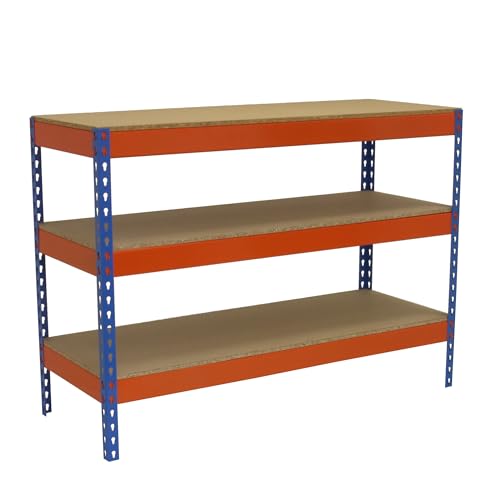 SimonRack Werkbank 400 kg Belastbarkeit, 90x180x45 cm, Große Arbeitsfläche Arbeitsfläche, Arbeitstisch, Holz-Arbeitsplatte, Blau/Orange/Holz - BT-BASIC von Simon Rack