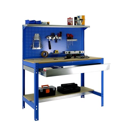 SimonRack Werkbank 600 kg Belastbarkeit, 144,5x121x61 cm, 1 Schublade, Große Arbeitsfläche Arbeitsfläche, Arbeitstisch, Holz-Arbeitsplatte, Blau/Holz - BT3 von Simon Rack