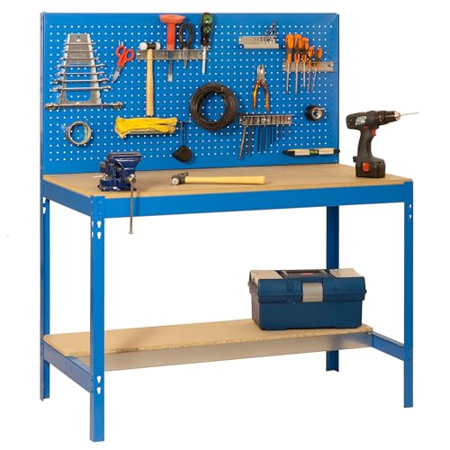 SimonRack Werkbank 600 kg Belastbarkeit, 144,5x151x61 cm, Große Arbeitsfläche Arbeitsfläche, Arbeitstisch, Holz-Arbeitsplatte, Blau/Holz - BT2 von Simon Rack