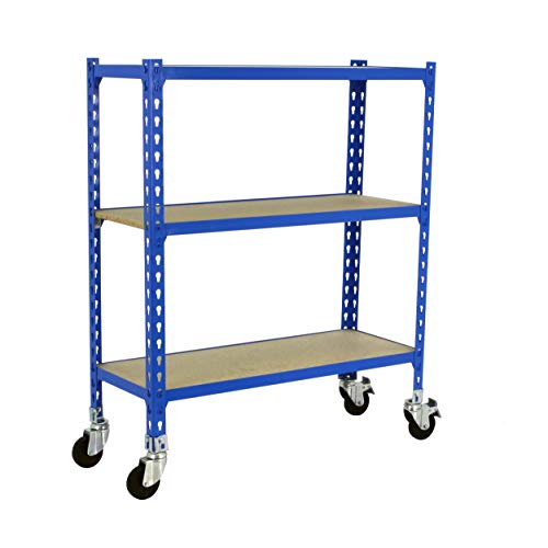 SimonRack Maderclick Metallregal ohne Schrauben mit Rollen mit 3 Etagen, Blau/Holz, 900 x 1100 x 400 mm, Regal mit Holz, Abstellregal, 90 kg Kapazität pro Regal von Simon Rack