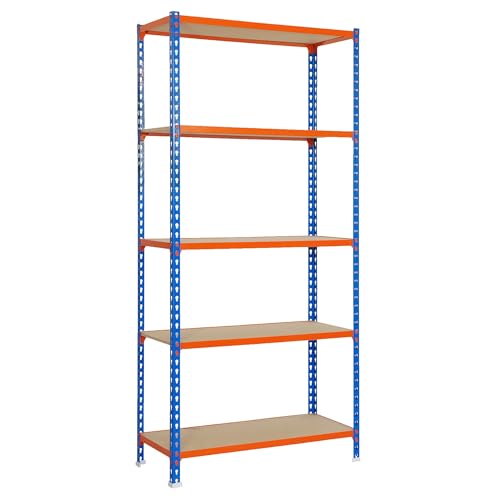 SimonRack Schwerlastregal, Lagerregal, 180x80x40 cm, Metallregal, Kellerregal, Biegestelle 150 kg, 5 Holzfachböden, Blau/Orange/Holz - Maderclick von Simonrack