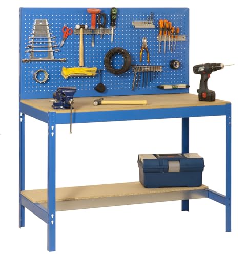 SimonRack Werkbank 400 kg Belastbarkeit, 144,5x91x61 cm, Große Arbeitsfläche Arbeitsfläche, Arbeitstisch, Holz-Arbeitsplatte, Blau/Holz - BT2 von Simonrack