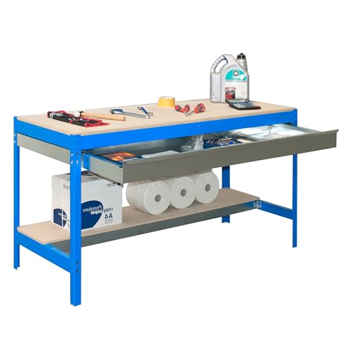 SimonRack Werkbank 400 kg Belastbarkeit, 84,2x91x61 cm, 1 Schublade, Große Arbeitsfläche Arbeitsfläche, Arbeitstisch, Holz-Arbeitsplatte, Blau/Holz - BT0 von Simon Rack