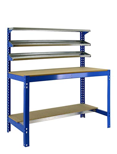 SimonRack Werkbank 600 kg Belastbarkeit, 144,5x121x61 cm, Große Arbeitsfläche Arbeitsfläche, Arbeitstisch, Holz-Arbeitsplatte, Blau/Holz - BT1 von Simonrack