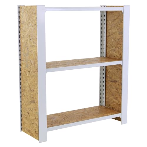 Simonrack Metallregal, 3 Regalböden, hohe Tragfähigkeit 200 kg, 1000 x 800 x 300 mm, seitliche Abdeckungen, Bücherregal, Büroregal, Weiß/Holz Osb von Simonrack