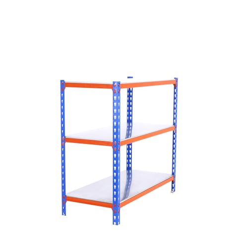 Simonrack Metallregal, ohne Schrauben, 3 Böden, hohe Tragfähigkeit 200 kg, 1000 x 1100 x 300 mm, Garagenregal, Blau/Orange/verzinkt von Simonrack