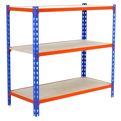 Simonrack Schwerlastregal, Lagerregal, 100x100x50 cm, Metallregal, Kellerregal, Biegestelle 150 kg, 3 Holzfachböden, Blau/Orange/Holz - Maderclick von Simonrack