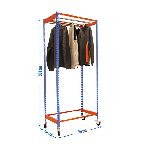 Simonrack Simonclothing Hängeregal mit Rollen, Blau/Orange, 3000 x 900 x 500 mm, Regal für Kleiderbügel, 25 kg Kapazität pro Aufhänger von Simonrack