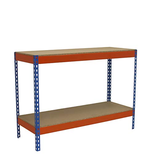 SimonRack Werkbank 400 kg Belastbarkeit, 90x150x75 cm, Große Arbeitsfläche Arbeitsfläche, Arbeitstisch, Holz-Arbeitsplatte, Blau/Orange/Holz - BT-BASIC von Simonrack