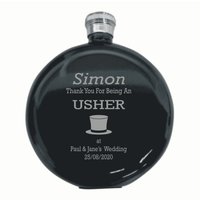 Personalisierte Hochzeit Usher Top Hat Design 5 Unzen Runden Polierten Schwarzen Flachmann in Einer Pappschachtel Hf600 von SimonsGifts4u