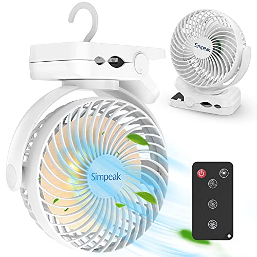 Simpeak 10000mAh Camping Ventilator Tischventilator, Mini USB Ventilator leise, Clip Fan mit Fernbedienung und LED Licht [3 Geschwindigkeit] [720° Drehung] - Weiß von Simpeak