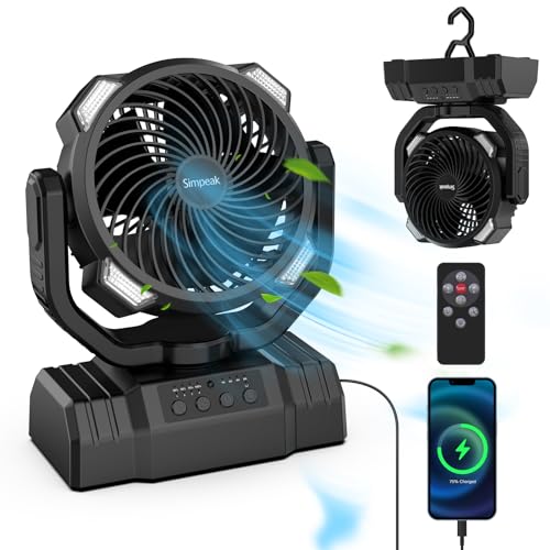 Simpeak 10000mAh Camping Ventilator Tischventilator, USB Ventilator Leise, Automatisch den Kopf schütteln Lüfter mit Fernbedienung und LED Licht [4 Geschwindigkeit] [540° Drehung] - Schwarz von Simpeak
