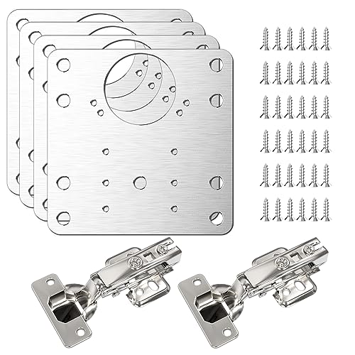 Simpeak 4 Stück Schrankscharnier Reparaturplatte, Edelstahl-Reparatur-Stützplatten mit Schrauben + 2 Scharnieren, Scharnierloch-Stützsatz für Schrankmöbel Türen Schränke Regale Schränke Holzregale von Simpeak
