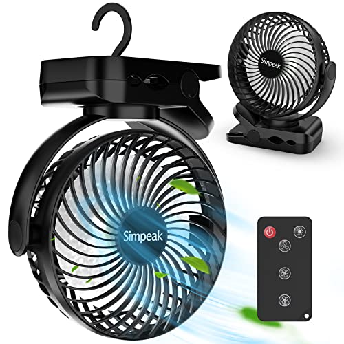 Simpeak 8000mAh Camping Ventilator Tischventilator, Mini USB Ventilator leise, Clip Fan mit Fernbedienung und LED Licht [3 Geschwindigkeit] [720° Drehung] - Schwarz von Simpeak