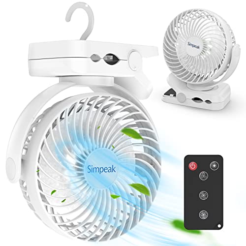 Simpeak 8000mAh Camping Ventilator Tischventilator, Mini USB Ventilator leise, Clip Fan mit Fernbedienung und LED Licht [3 Geschwindigkeit] [720° Drehung] - Weiß von Simpeak