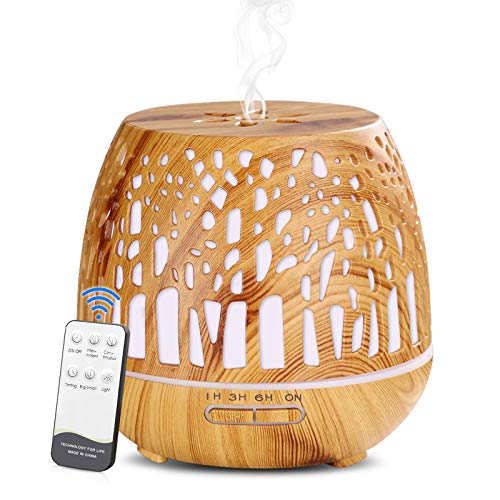 Simpeak Aroma Diffuser 400ml, Ultraschall Raum Diffuser Holz für ätherische Öle, Aromatherapie Düfte Luftbefeuchter mit Fernbedienung - Geschnitztes Wald, Hellbraun von Simpeak