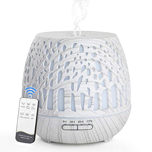 Simpeak Aroma Diffuser 400ml, Ultraschall Raum Diffuser Holz für ätherische Öle, Aromatherapie Düfte Luftbefeuchter mit Fernbedienung - Geschnitztes Wald, Weiße von Simpeak