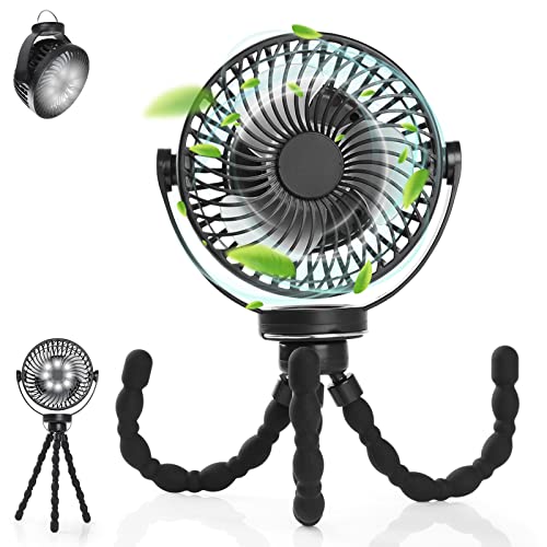 Simpeak Camping Ventilator Tischventilator, Mini USB Ventilator leise, 5200mAh Akku Ventilator mit LED Licht [Verstellbares Stativ] [3 Geschwindigkeit] [720° Drehung] - Schwarz von Simpeak