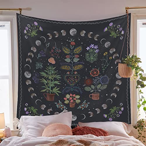 Simpkeely Ästhetischer Wandteppich mit botanischen Mondphasen, Wandbehang, Naturteppich, floraler Wandteppich für Schlafzimmer und Wohnzimmer (130cm x 150cm) von Simpkeely