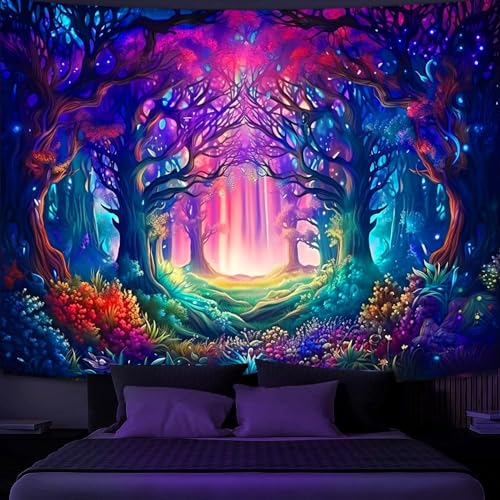 Simpkeely Schwarzlicht Fantasy-Wald Wandteppich, UV-reaktiver Magischer Baum Natur Leuchtender Wandbehang für Schlafzimmer, Wohnzimmer - 180 x 230 cm von Simpkeely