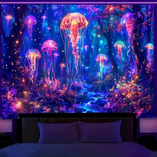 Simpkeely Schwarzlicht-Quallenwald-Wandteppich, UV-reaktiv, Fantasie, lebendiges Neon-Kunst-Dekor, leuchtet im Dunkeln, Wasserleben, Wandbehang für Schlafzimmer, Wohnzimmer – 180 x 230 cm von Simpkeely