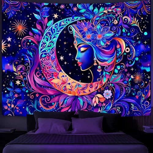Simpkeely Schwarzlicht Mond und Sterne Wandteppich – Eleganter Göttinnen-Wandbehang mit UV-reaktiver Sonnen-Mandala, Bunter Boho-Wandteppich für Schlafzimmer und Wohnzimmer – 130 x 150 cm von Simpkeely