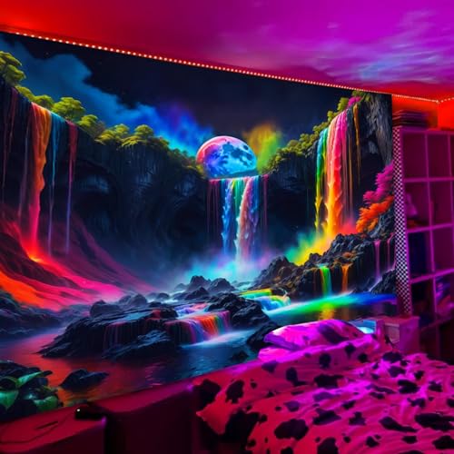 Simpkeely Schwarzlichter Fantasy-Wasserfall-Planet Wandteppich, UV-reaktiver Naturteppich, Neon-Landschaft, Berg-Wellen-Wandbehang – 180 x 300 cm von Simpkeely