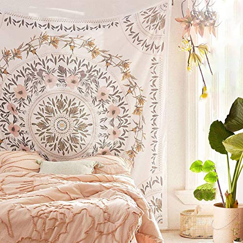 Simpkeely Skizzierter Blumenmedaillon-Wandteppich, weißer böhmischer Mandala-Wandbehang, indischer Kunstdruck, Wandbild für Schlafzimmer, Wohnzimmer, Heimdekoration - 150cm x 200cm - Weiß von Simpkeely