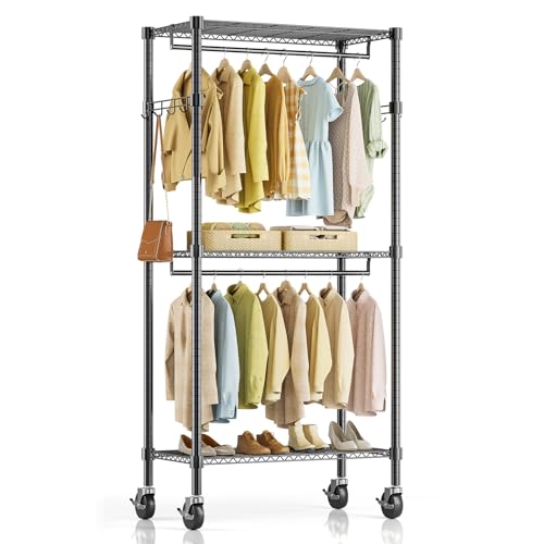 Simple Deluxe Rollender Kleiderständer, robuster Kleiderständer, 3 Ablagen, tragbar, verstellbar, Kleiderschrank mit Rollen, Kleiderstangen und seitlichen Haken, 74,9 cm B x 39,9 cm T x 192 cm H, Simple Deluxe Rollender Kleiderständer, robuster Kleiderständer, 3 Ablagen, tragbar, verstellbar, Kleiderschrank mit Rollen, Kleiderstangen und seitlichen Haken, 74,9 cm B x 39,9 cm T x 192 cm H, von Simple Deluxe