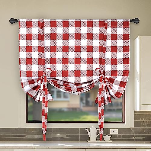 Simple Deluxe Verstellbarer Raffvorhang und Vorhänge für Küchenfenster, Büffelkariert, kariert, Bauernhaus, wärmeisoliert, Verdunkelungsvorhang, 106,7 x 160 cm (B x L), Weiß und Rot von Simple Deluxe
