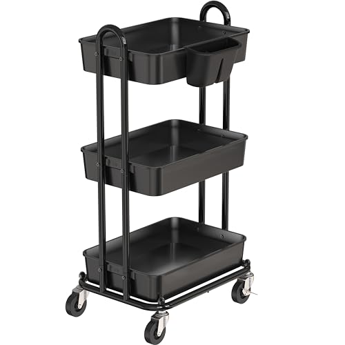 Simple Houseware 3-stufiger Küchenwagen, multifunktionaler Rollwagen mit 2 Trennwänden und Hängeeimer, Schwarz von Simple Houseware
